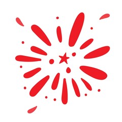 Red Hand drawn colored firework doodle with star in the centre. Vintage Sunburst. Vector illustration isolated on white background