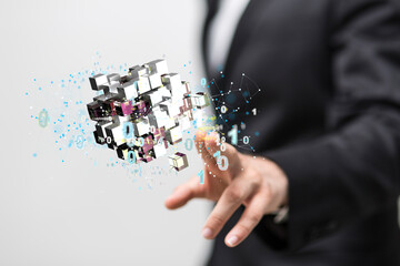 Data cloud storage network from lines, triangles and particle style design. 3d