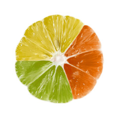 set of citrus fruits orange, lemon and lime isolated on white background, top view, sector
