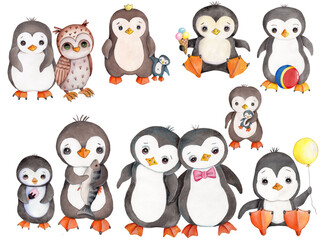 Cute cartoon hand drawn little penguins, watercolor  illustration, icon, isolated on white background.