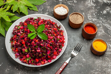 top view delicious vinaigrette beet salad with beans on the dark background diet health meal