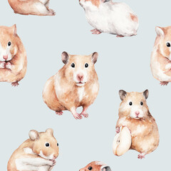 animal sketch cute little red hamster watercolor drawing of a pet pattern 1 blue background