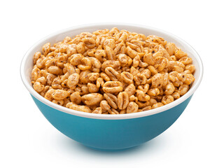 Puffed wheat cereal in bowl isolated on white background