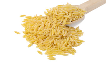In Greece called kritharaki. In Italy called Orzo. Rice shaped pasta in wooden spoon isolated on white background.Type of pasta. Food ingredient.