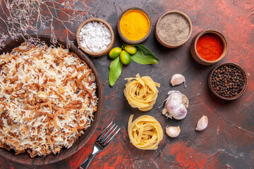 top view cooked rice with seasonings on dark background meal dish food dark