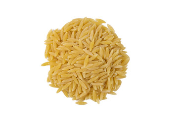 In Greece called kritharaki. In Italy called Orzo. Rice shaped pasta heap isolated on white background. Type of pasta. Food ingredient.
