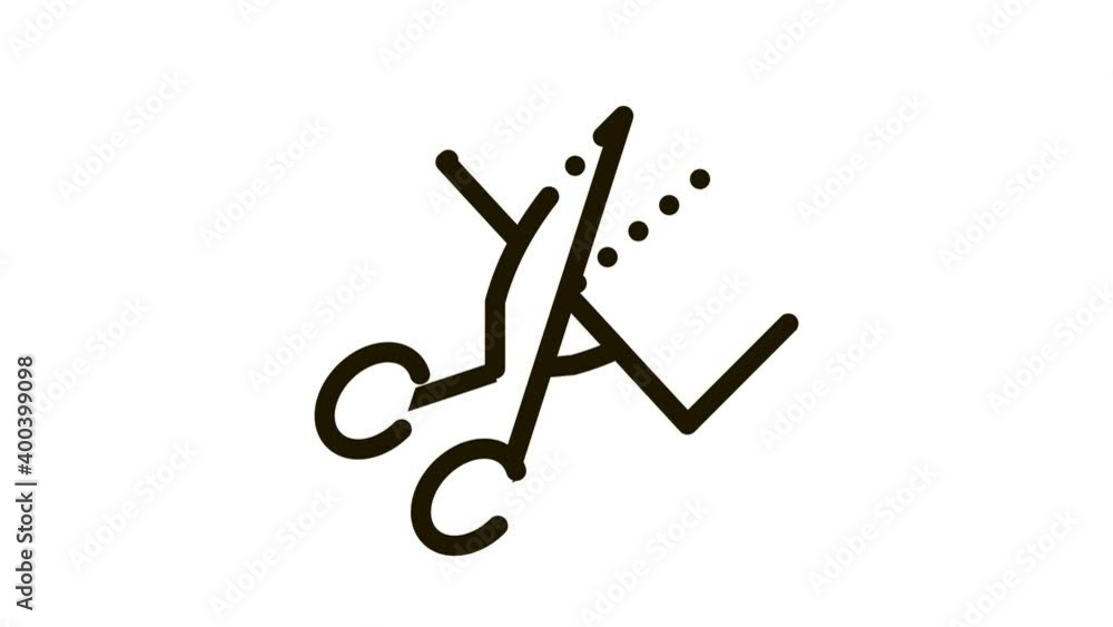 Poster scissors cutting icon animation. black scissors cutting animated icon on white background