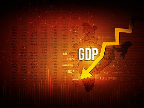 GDP Downfall Concept, GDP Growth Slow Down Illustration With Indian Map And Down Arrow, Rupee Downfall Concept Abstract Background