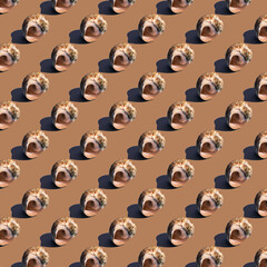Seamless minimalistic seashell pattern on beige background. Photo collage. Pop Art. Postcard. Printing on fabric. Wrapping.