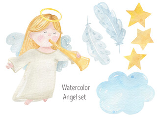 Cute watercolor angel isolated on white background, Christmas angel, feathers, cloud, gold star