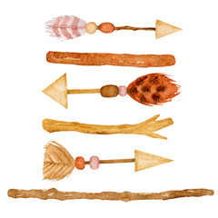 Bohemian arrows and wooden sticks watercolor set. Watercolor arrows and sticks collection isolated on white background.