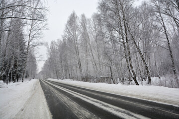 Obraz premium Snow-covered road in a pine forest