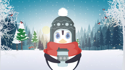 A penguin in winter warm clothes holds a cup in his hands. A cute penguin in a snowy forest is drinking a hot drink. Vector illustration.