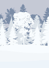 Snowy forest in a flat style. Winter in the forest background. Ready-made postcard for a winter theme. Vector illustration.