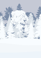 Fototapeta premium Snowy forest in a flat style. Winter in the forest background. Ready-made postcard for a winter theme. Vector illustration.