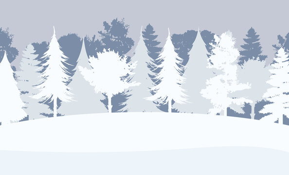 Snowy forest in a flat style. Winter in the forest background. Vector illustration.