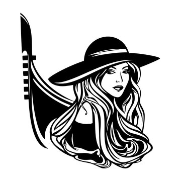recommend clip art: italian woman with long gorgeous hair wearing wide brim hat with gondola boat outline - black and white vector portrait of beautiful tourist in venice