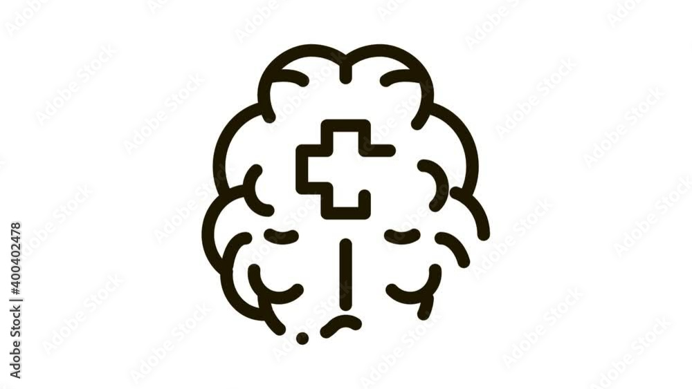 Poster brain and medical cross icon animation. black brain and medical cross animated icon on white backgro