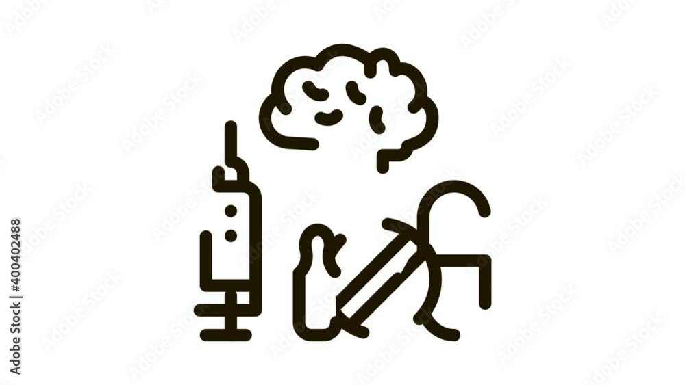 Poster brain, syringe and pills icon animation. black brain, syringe and pills animated icon on white backg