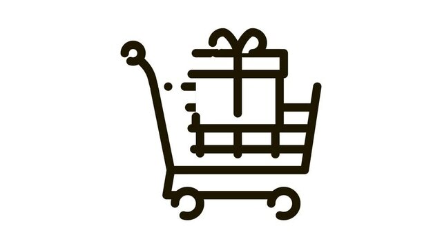 Trolley with Gift Icon Animation. black Trolley with Gift animated icon on white background