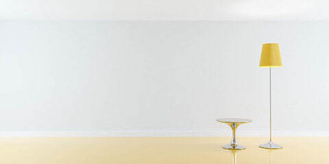 empty room with yellow floor lamp and minimalistic polished steel table 3d render illustration