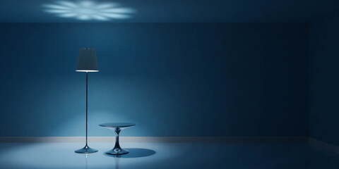 minimalistic modern interior blue room with lamp and table 3d render illustration