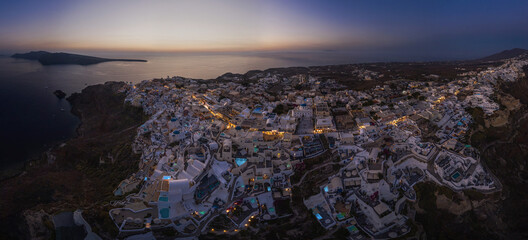 Wide panorama of Santorini island, Greece - 400404454