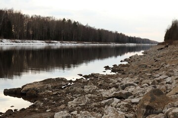 Spring landscape with a rocky bank of the Moscow Canal