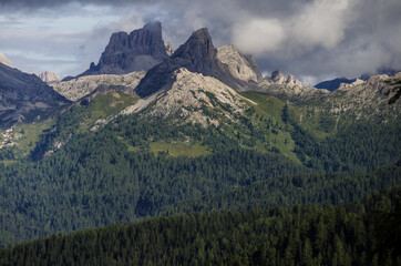 View of Dolomite mountain peaks as seen from  from Gardenacia refuge, located on Gardenacia high plateau in Puez-Odle Nature Park, La Villa village, Trentino, Alto Adige, South Tirol, Italy.