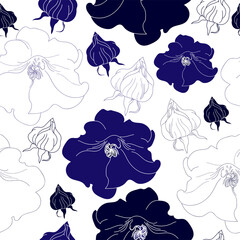 Seamless pattern with blue flowers on a white background. Hand drawn floral texture.