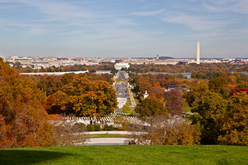 Hilltop view of the city of Washington, DC from Arlington National Cemetery looking toward the Lincoln Memorial