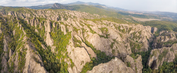 Aerial panoramic view to rocky landscape of Birtvisi canyon and medieval fortress.Stunning landscape view in Georgia.