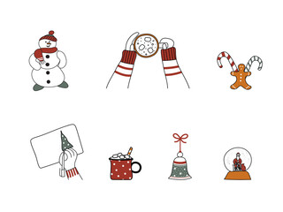Set of Christmas hand-drawn design elements. Art collection of New Year cute festive things.Lady hands hold cup of coffee, gingerbread man,candy cane,bell,snowman and hand drawing fir-tree.Vector