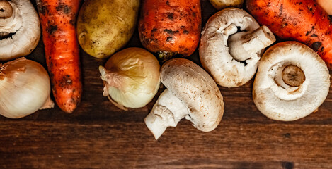 set of fresh village vegetables on the Board, banner background