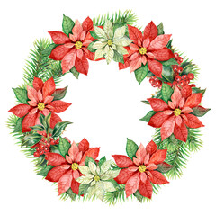 Watercolor illustration of a Christmas wreath with red poinsettia flowers, floral frame, Christmas decor