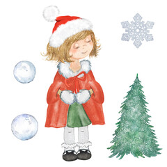 Watercolor illustration of a little girl in a red coat, christmas tree, girl, child, walk

