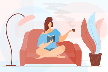 The girl stayed at home, reads a book and drinks hot coffee. The woman is sitting on the sofa with her legs crossed. Home education. Hobby concept, what to do during quarantine.