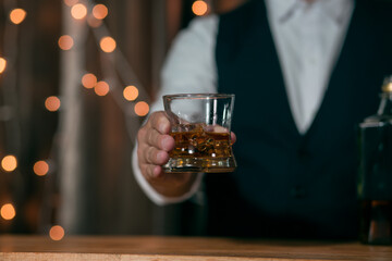 Close-up Barman pouring whiskey whiskey glass beautiful night