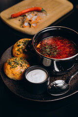 Traditional Ukrainian Russian borsch with meat. Traditional Ukraine food cuisine