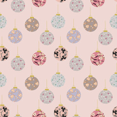 Vector seamless pattern with Christmas balls. Elegant texture with vintage baubles with floral ornaments on pink background. Winter holiday decoration for New Year and Christmas. Repeat design