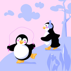 Cartoon penguins exercise in a park. One bird is jogging, while the other one is hopping. Cardio training outdoors. Vector illustration with editable elements organized into groups and layers. 