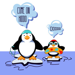 Cute penguin family is going for swimming. Daddy is enthusiastic and calm and baby is scared a little. It could be its first swim ever. Vector illustration.