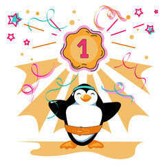 Cartoon penguin is the winner. He stands proudly under confetti flying around being the champion, number one. Vector illustration.