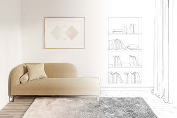 The sketch becomes a modern room with a horizontal poster above a couch with a pillow, a niche with books, a window with curtains, a fluffy carpet on a wooden floor. Front view. 3d render