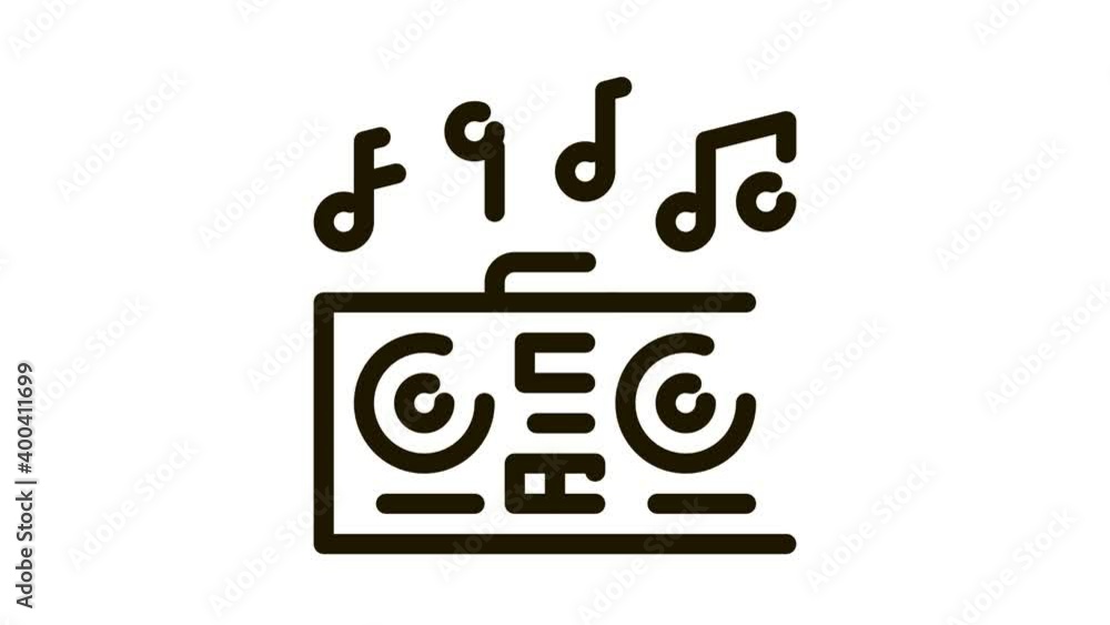 Poster playing record player and musical notes animated black icon on white background