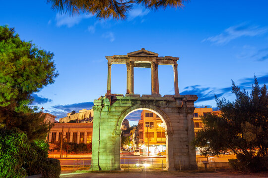 The Arch of Hadrian, commonly known in Greek as Hadrian's Gate, a monumental  gateway resembling a Roman triumphal arch. It spanned an ancient road from the center of Athens, to the temple of Zeus.