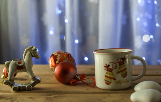 festive mood.christmas decoration, tea and gingerbread
