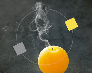 Fototapeta premium Illuminating Yellow and Ultimate Gray, colors of the year 2021. Monochrome image. Smoke coming out of circle candle, two color swatches on circle frame.