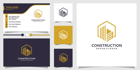 Construction logo with modern line art concept and business card design template Premium Vector
