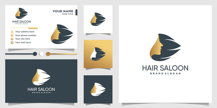 Hair saloon logo for woman with modern unique concept and business card design template Premium Vector